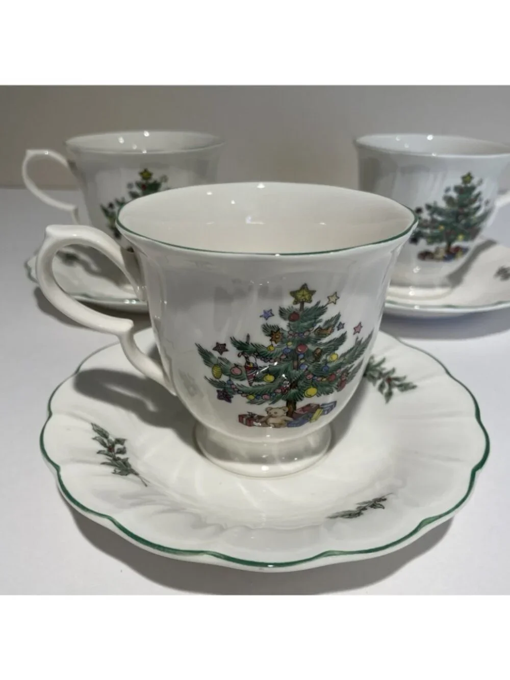 Vintage Nikko Happy Holidays Cup & Saucer Sets Christmas Tree Japan Lot of 3